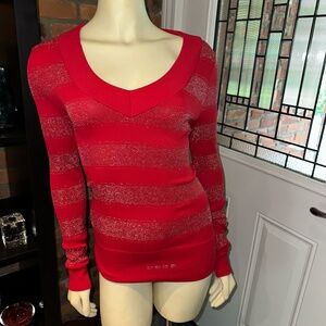 BEBE Red V-neck Stretch Stripe Shimmer Knit top ~ M/L